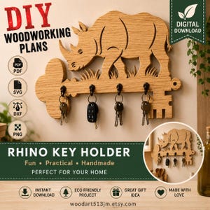 Rhino Key Holder Woodworking Plans | Scroll Saw Pattern | DIY Wooden Key Rack | PDF SvG DXF PnG | Digital Download |  Woodworking Project