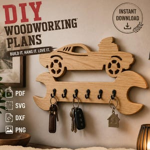 May include: A light-colored wooden wall-mounted key holder shaped like a car resting on a large wrench. The piece features six black metal hooks holding various keys. Text on the image includes DIY WOODWORKING PLANS, BUILD IT. HANG IT. LOVE IT., INSTANT DOWNLOAD, PDF, SVG, DXF, and PNG.
