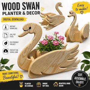 May include: A digital download for a wood swan planter and decor project. The image displays multiple views of a light-colored wooden swan-shaped container with visible grain, featuring a central compartment holding a small plant with pink flowers.