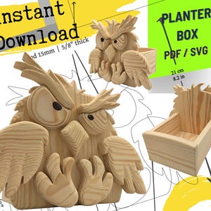 May include: Wooden owl planter box with a detailed design. The image shows three versions of the owl planter, with the text "Instant Download" and "PLANTER BOX PDF / SVG". The planter box is 21 cm tall.