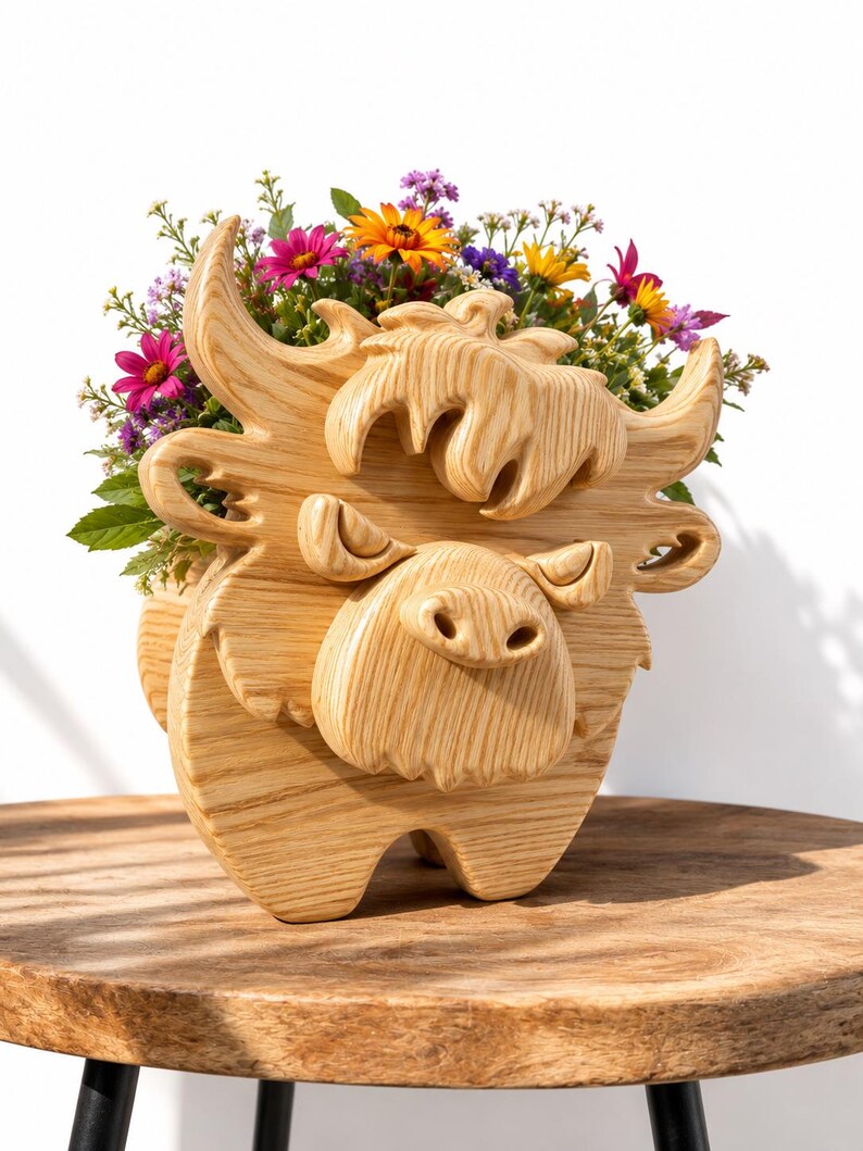 K&ouml;nnte beinhalten: Ein Holzblumentopf in Form einer Highland-Kuh, gef&uuml;llt mit bunten Blumen. Der Topf ist aus hellem Holz geschnitzt und weist detaillierte H&ouml;rner, eine Schnauze und eine zottelige M&auml;hne auf. Die Blumen umfassen rosa, gelbe und violette Bl&uuml;ten.