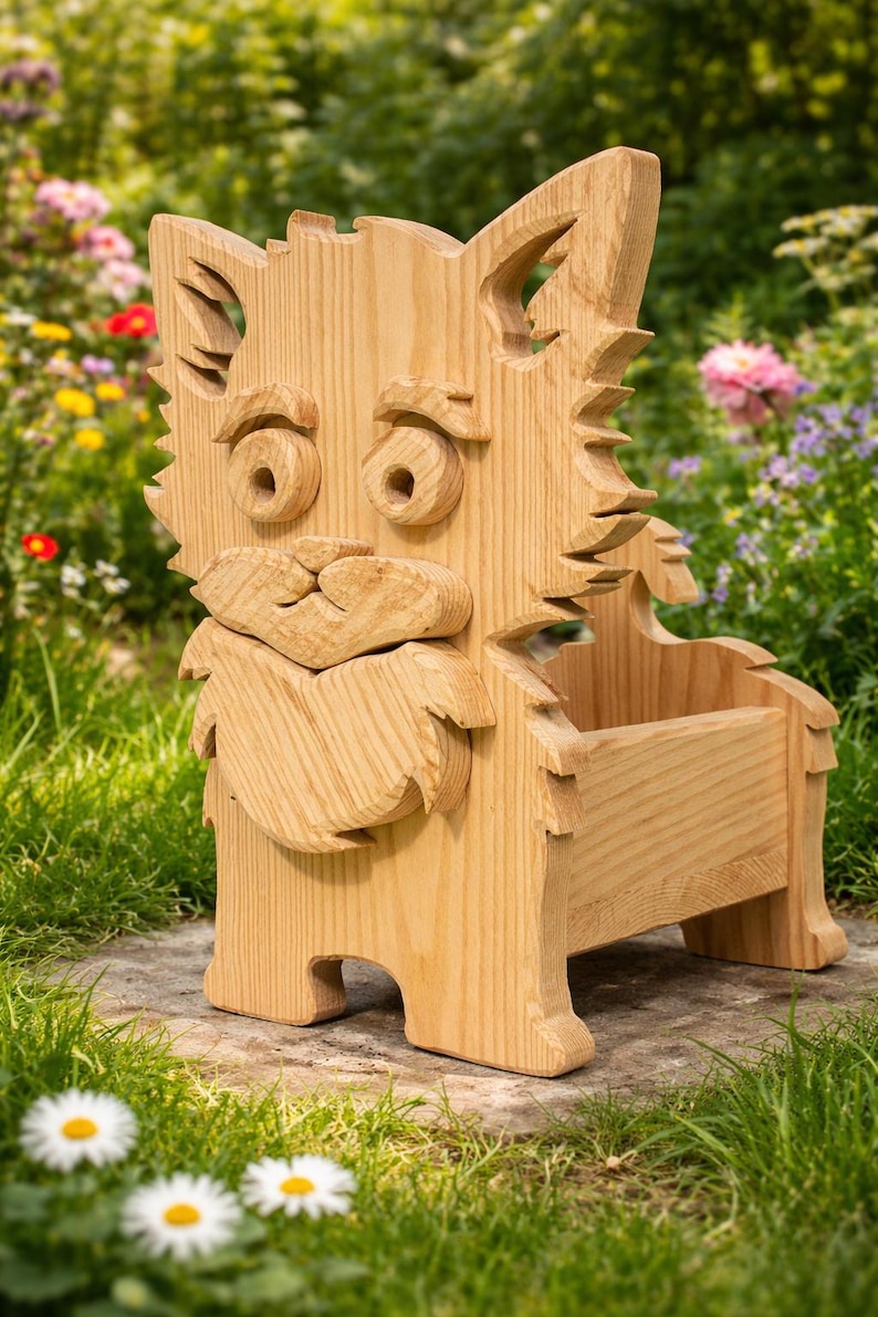 May include: A handcrafted wooden dog-shaped planter. The planter is made of light-colored wood and features a carved face with large eyes, a nose, and a beard. The dog has a box-like body and is sitting on a stone surface, surrounded by greenery.