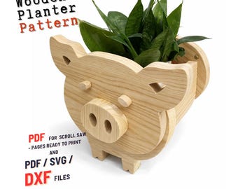 Houten varkensplanter figuurzaagpatroon | Houtbewerkingsplannen voor bloempotten met dieren (pdf, SVG, DXF)
