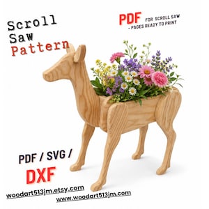 May include: A wooden deer-shaped planter filled with colourful flowers. The planter is made from light-coloured wood and features the text "Scroll Saw Pattern" and "PDF / SVG / DXF". The Etsy shop and website are also listed.