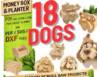 Planos de jardineras con forma de animales: 18 patrones de sierra de calar para perros (PDF, SVG, DXF) (juego 1)