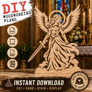 Mönster för rullsåg för ängel med svärd | DIY-träbearbetningsplaner | Ängel i trä SvG DXF PDF PnG | Laserskärningar och CNC-filer | Direktnedladdning
