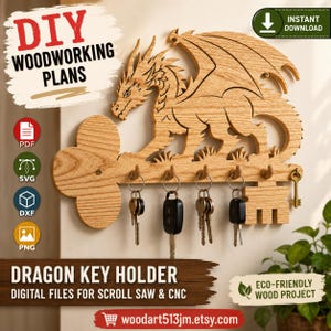 May include: A light brown wooden key holder shaped like a large key with a dragon silhouette on top. The key holder features five hooks holding various metal keys and key fobs. Text on the image includes DIY WOODWORKING PLANS and DRAGON KEY HOLDER.