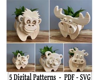 Animal Planter Box Scroll Saw Patterns: DIY Woodworking Plans (PDF, SVG)