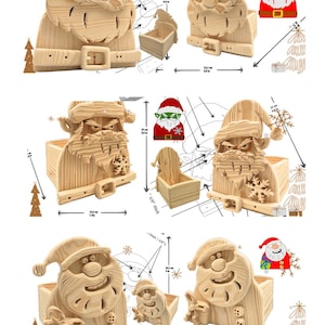 May include: Three wooden Santa Claus storage boxes with natural wood grain. Each box features a carved Santa face on the front, measuring 9.8 inches in height and 9.3 inches in width, with a material thickness of 5/8 inches as indicated by diagrams.