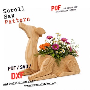 May include: A wooden deer-shaped planter filled with colourful flowers. The planter is made from light-coloured wood and features the text "Scroll Saw Pattern" and "PDF for Scroll Saw - Pages Ready to Print". The Etsy shop and website are also displayed.
