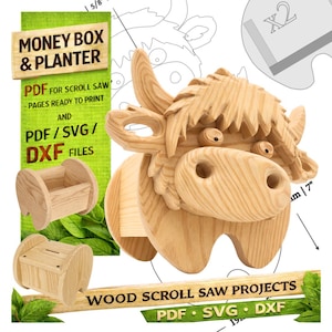 May include: A wooden Highland cow sculpture with a detailed, carved design. The image also shows a money box and planter, along with text that reads "Money Box & Planter" and "Wood Scroll Saw Projects". The cow measures approximately 18 cm in height.