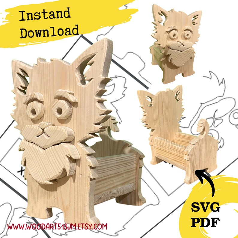 May include: Wooden cat-shaped desk organizer and phone holder. The organizer features a carved cat face and body, with a slot for holding items. The image also includes the text "Instand Download" and "SVG PDF".