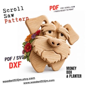 May include: A wooden scroll saw pattern for a dog-shaped money box and planter. The dog has a detailed, carved design with a bouquet of colorful flowers. Text includes "Scroll Saw Pattern", "PDF", "PDF/SVG/DXF", and website addresses.