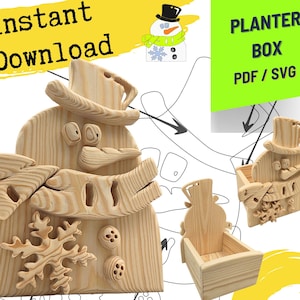 May include: A wooden snowman-shaped planter box with a top hat, scarf, snowflake, and button details. The design includes text reading Instant Download and PLANTER BOX PDF / SVG. The natural wood grain is visible on the assembled structure.