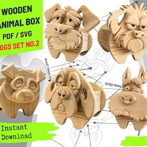 May include: Five wooden dog-shaped boxes with distinct carved features. The boxes are a natural light brown colour, suggesting unfinished wood. Text on the image reads "WOODEN ANIMAL BOX PDF/SVG DOGS SET NO.2" and "Instant Download".