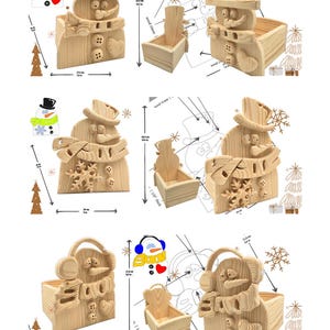 May include: A set of three light-colored wooden snowman-shaped storage boxes with various decorative elements like hats, scarves, snowflakes, and buttons. Each box features visible dimensions in inches and centimeters, showing a 15mm wood thickness.