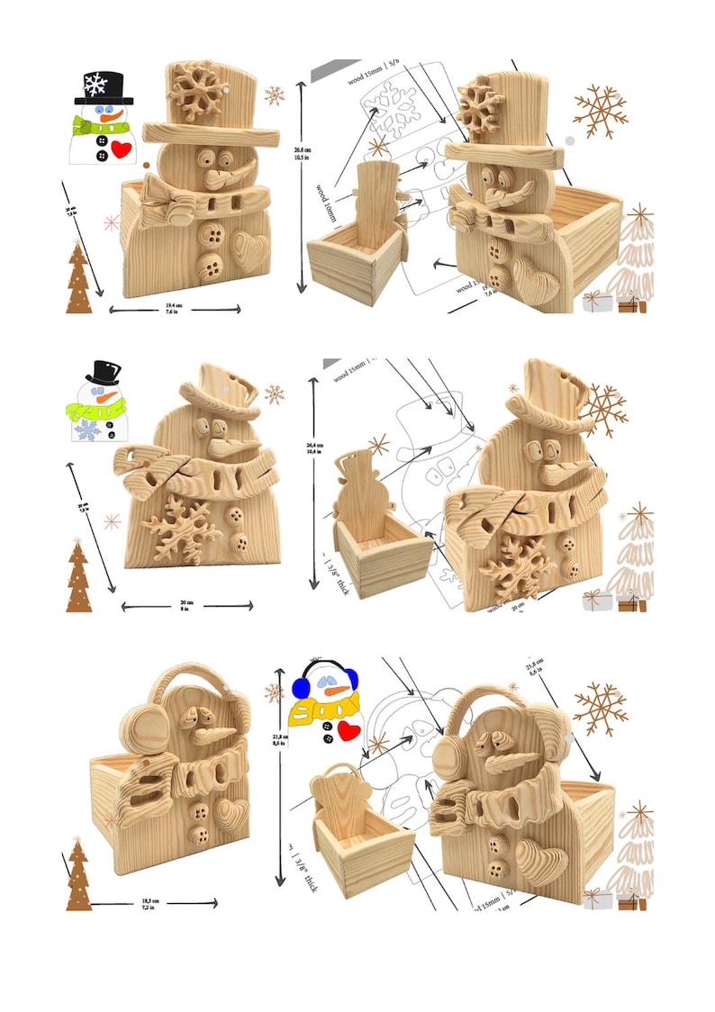 May include: A set of three light-colored wooden snowman-shaped storage boxes with various decorative elements like hats, scarves, snowflakes, and buttons. Each box features visible dimensions in inches and centimeters, showing a 15mm wood thickness.
