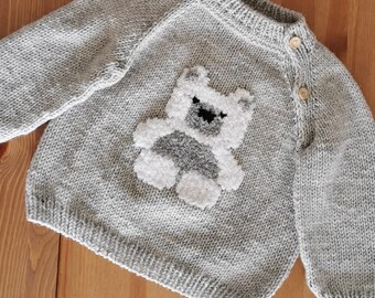 Knit baby sweater with bear, Bear motif cute baby sweater, Teddy bear toddler sweater, Knitted kid sweater with bear, handmade baby sweater