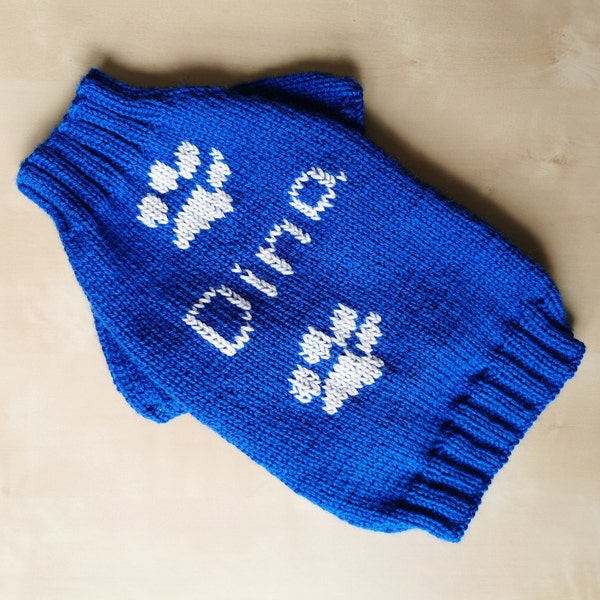 Knit sweater for dog with name and paw. Personalized turtleneck hand knitted dog jumper with name. Custom knit dog clothes.
