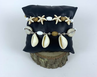 Sea Shell & Starfish Twin Set Bracelet, Cowrie Shell Bracelet, Handmade Bracelet, Adjustable Bracelet, Friendship Bracelet, Birthday Gift