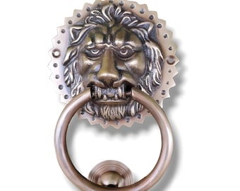 Batente de porta de cabeça de leão de latão antigo | Batente de porta de metal vintage de 6 polegadas | Acento decorativo de entrada | Ornamento de ferragens de porta de leão clássico