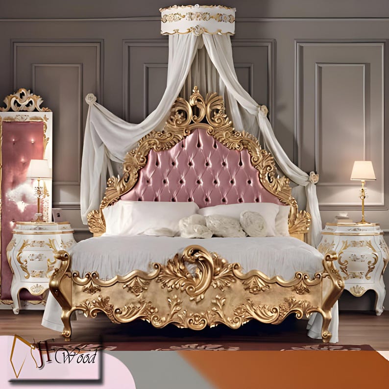 May include: A gold and white ornate canopy bed with a pink tufted headboard and white bedding. The bed has a decorative canopy and is surrounded by a white wall and a brown floor.