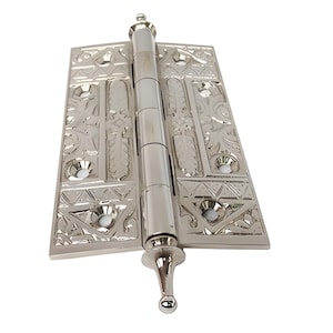 Lot of Vintage Solid Brass Door Hinges with Batik Flower Detail Engraved Decoration - 6.4&quot; Hinge Set