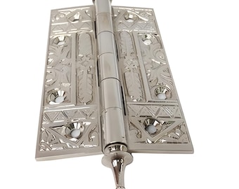 Lot of Vintage Solid Brass Door Hinges with Batik Flower Detail Engraved Decoration - 6.4" Hinge Set