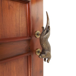1 Pair Otter Brass Entry Door Knob 11.4" Vintage Old Style Animal Door Handle. Handmade Midcentury Modern Furniture Drawer Pulls Home Decor