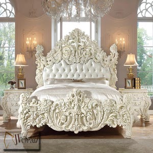 Caldera Luxury Bedroom Set Bed, Handcarved Queen Size Bed Frame. Hand Carved Bedding Furniture