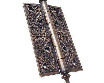 Lote de bisagras vintage de latón macizo para puerta con decoración grabada con detalles florales batik - Juego de bisagras de 6,4"