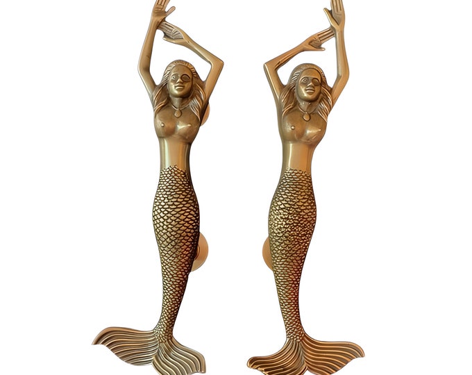 Featured listing image: Mermaid statue Brass  Door Knob & Pull | Handle 1 Pair Door Drawer 15 Inch Vintage Statue Door Decoration