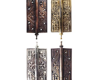 Lot of Vintage Solid Brass Door Hinges with Batik Crown Detail Engraved Decoration - 6.4" Hinge Set Polished Gold
