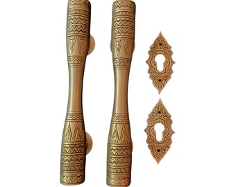 Engraved Brass Door Handle – Tribal Vintage Style Solid Brass Pulls with Keyhole Plate. Pair of Brass Door Knob