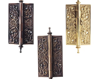 Lot of Vintage Solid Brass Door Hinges with Batik Flower Detail Engraved Decoration - 6.4" Hinge Set