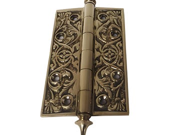 Lot of Vintage Solid Brass Door Hinges with Batik Crown Detail Engraved Decoration - 6.4" Hinge Set Polished Gold