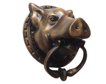 VINTAGE PIG Farm Head State Farm front Door KNOCKER with Pull Knocker Solid Brass Pork Head Door knocker