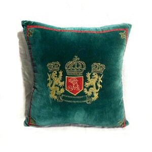 2 Squared shaped Green Emerald Velvet Pillow, with Gold Metallic Embroidery-