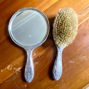 Antique Sterling Silver Hairbrush & Mirror Vanity/Dresser Set Monogram Scrolls