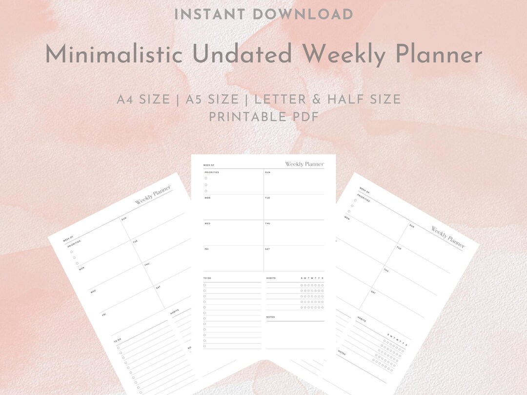 Minimalist Weekly Printable Calendar Undated Planner Insert A4 A5 US ...