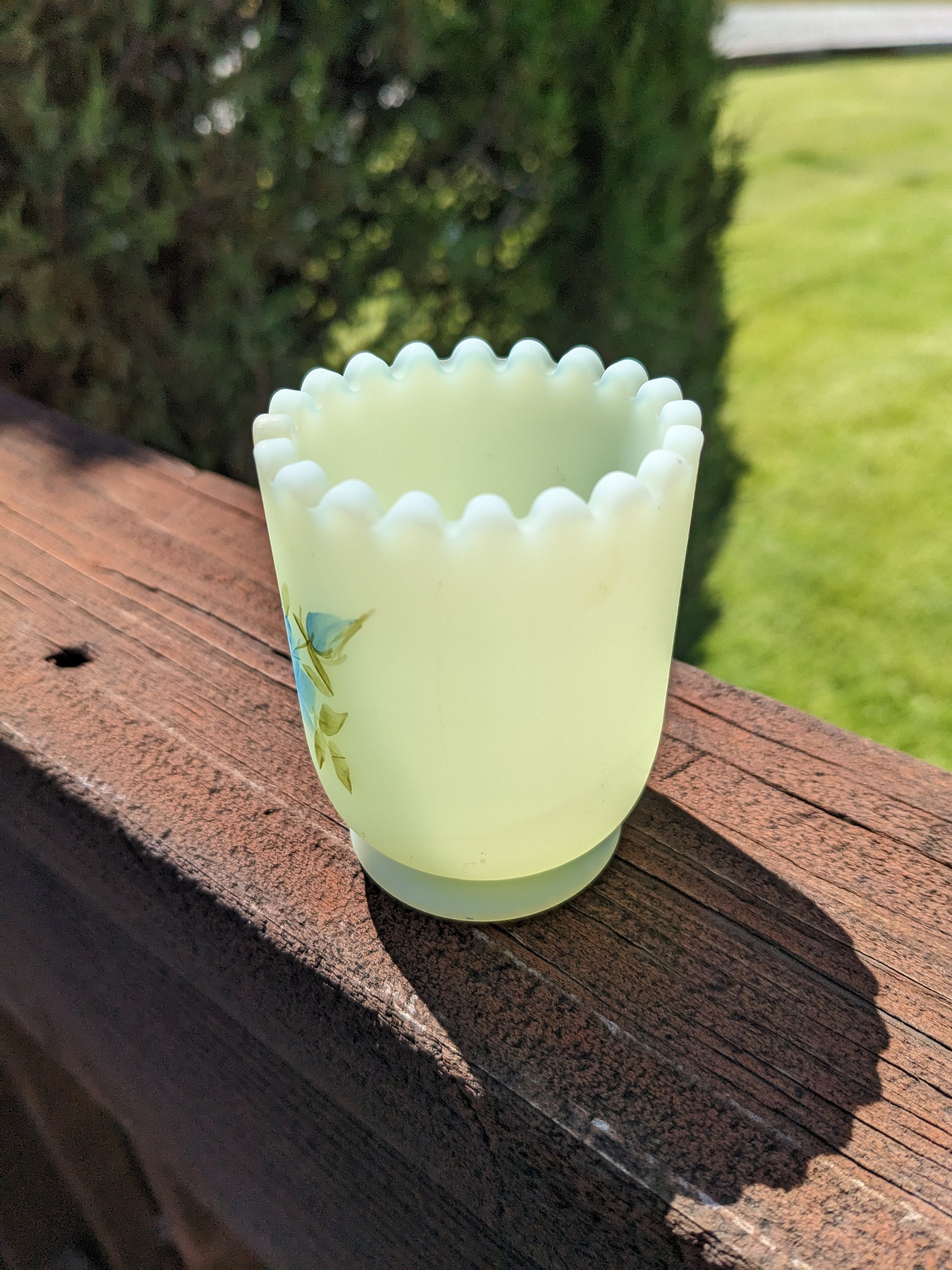 Fenton Custard Satin Glass Toothpick Holder Blue Textured Flowers Etsy