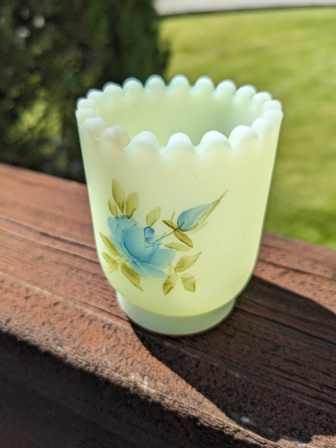 Fenton Custard Satin Glass Toothpick Holder Blue Textured Flowers Etsy