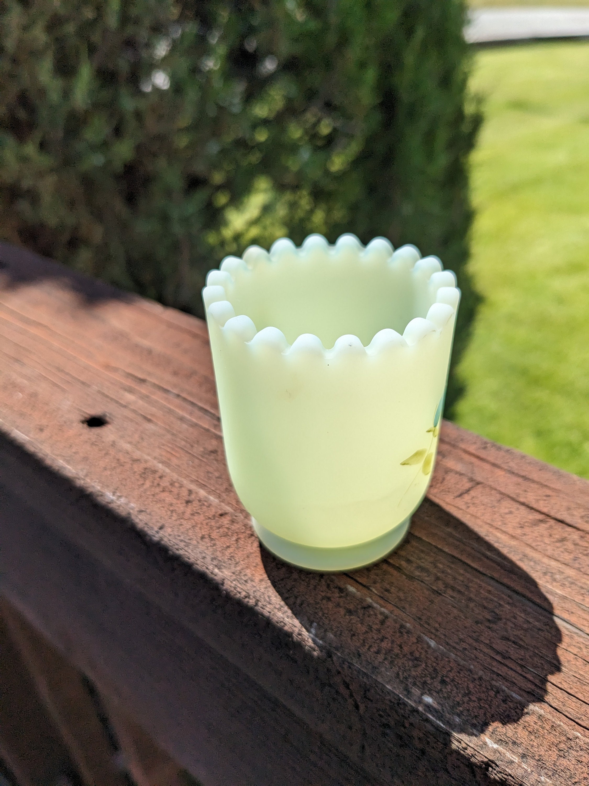 Fenton Custard Satin Glass Toothpick Holder Blue Textured Flowers Etsy