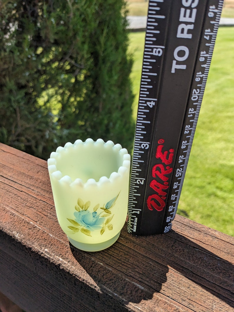 Fenton Custard Satin Glass Toothpick Holder Blue Textured Flowers Etsy