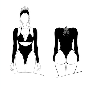 May include: Black one-piece swimsuit with long sleeves and a cutout detail at the chest. The swimsuit has a high neckline and a tie detail at the back.