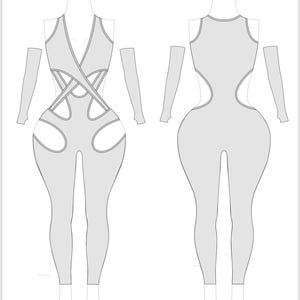 以下が含まれることがあります： 深いVネックとカットアウトのディテールが特徴の、ライトグレーのジャンプスーツのデザイン。デザインには取り外し可能なアームスリーブが含まれています。ジャンプスーツの背面図も表示されており、キーホールカットアウトが特徴です。