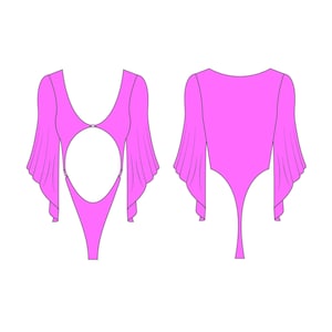 May include: A pink one-piece swimsuit with a keyhole cutout at the front and ruffled sleeves. The swimsuit has a high leg cut and a low back.