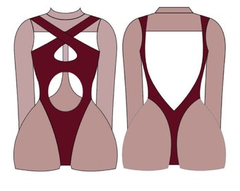 May include: A maroon one-piece swimsuit with a high neckline and a criss-cross design in the front. The back of the swimsuit has a deep V-shaped neckline.