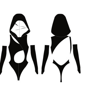 Puede incluir: Diseño de body negro y blanco con capucha y mangas largas. La vista frontal muestra un diseño recortado, mientras que la vista trasera es negra con un acento blanco. Ilustración de moda.