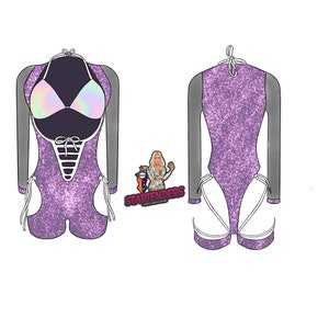 Könnte beinhalten: Lilafarbener Glitzer-Bodysuit mit langen Ärmeln und einem Mesh-Überzug. Der Bodysuit hat einen tiefen Ausschnitt und ein Cutout-Design an der Vorderseite. Der Bodysuit wird auf einem weißen Hintergrund gezeigt.